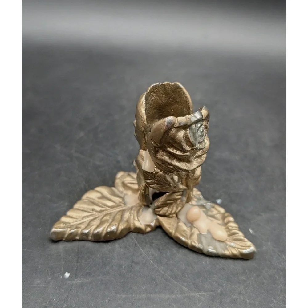 Vintage Metal Rose Bud Taper Candle Holder Floral Leaf Base Gold Tone Metal 2.5